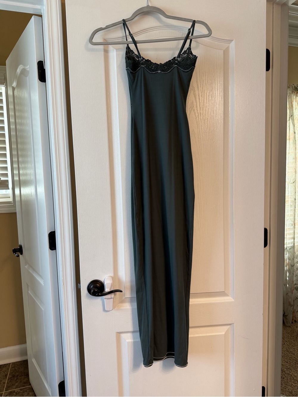 SKIMS Fits Everybody Lace-Trim Slip Dress in Dark Green